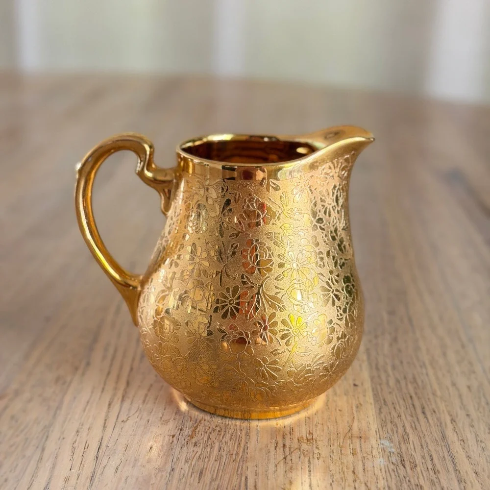 Vtg 50s Ransgil China 22K Gold Encrusted Floral Etched Creamer & Sugar Bowl Set